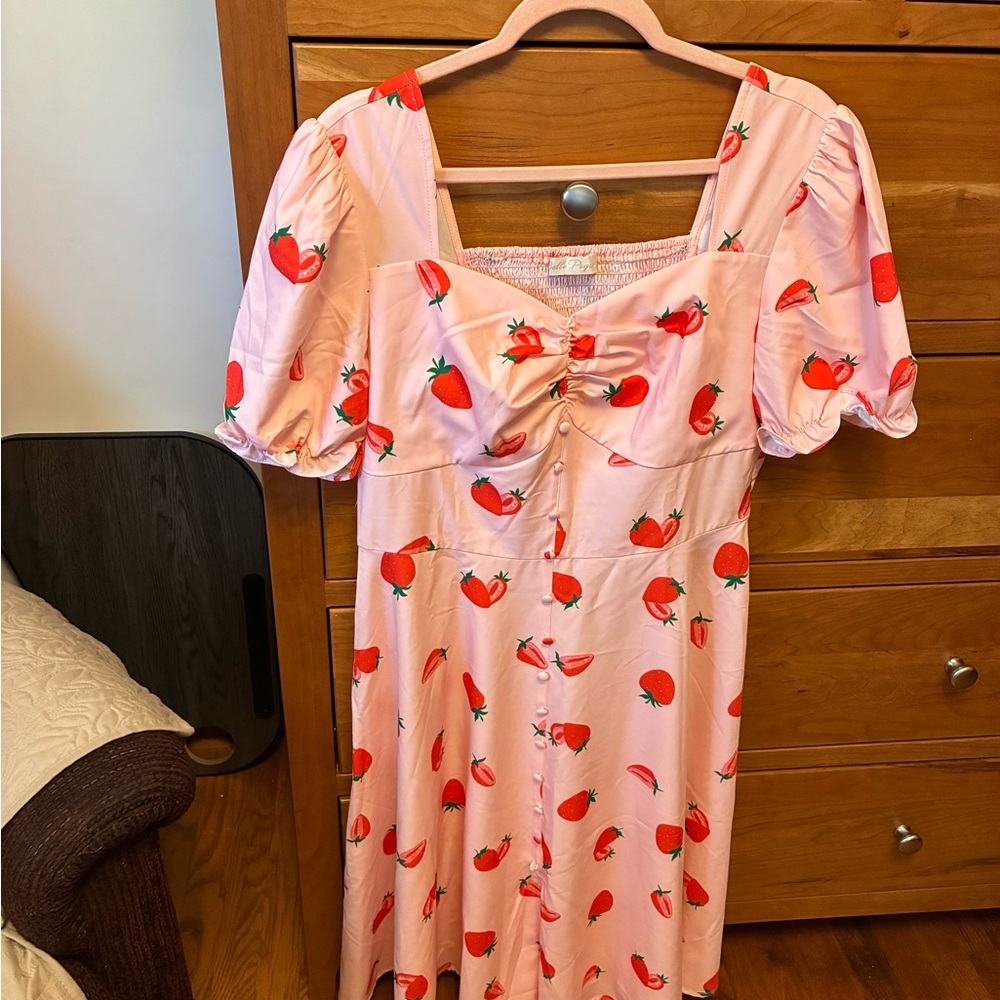 Chic Pink Strawberry Print Midi Dress - Picture 2 of 4